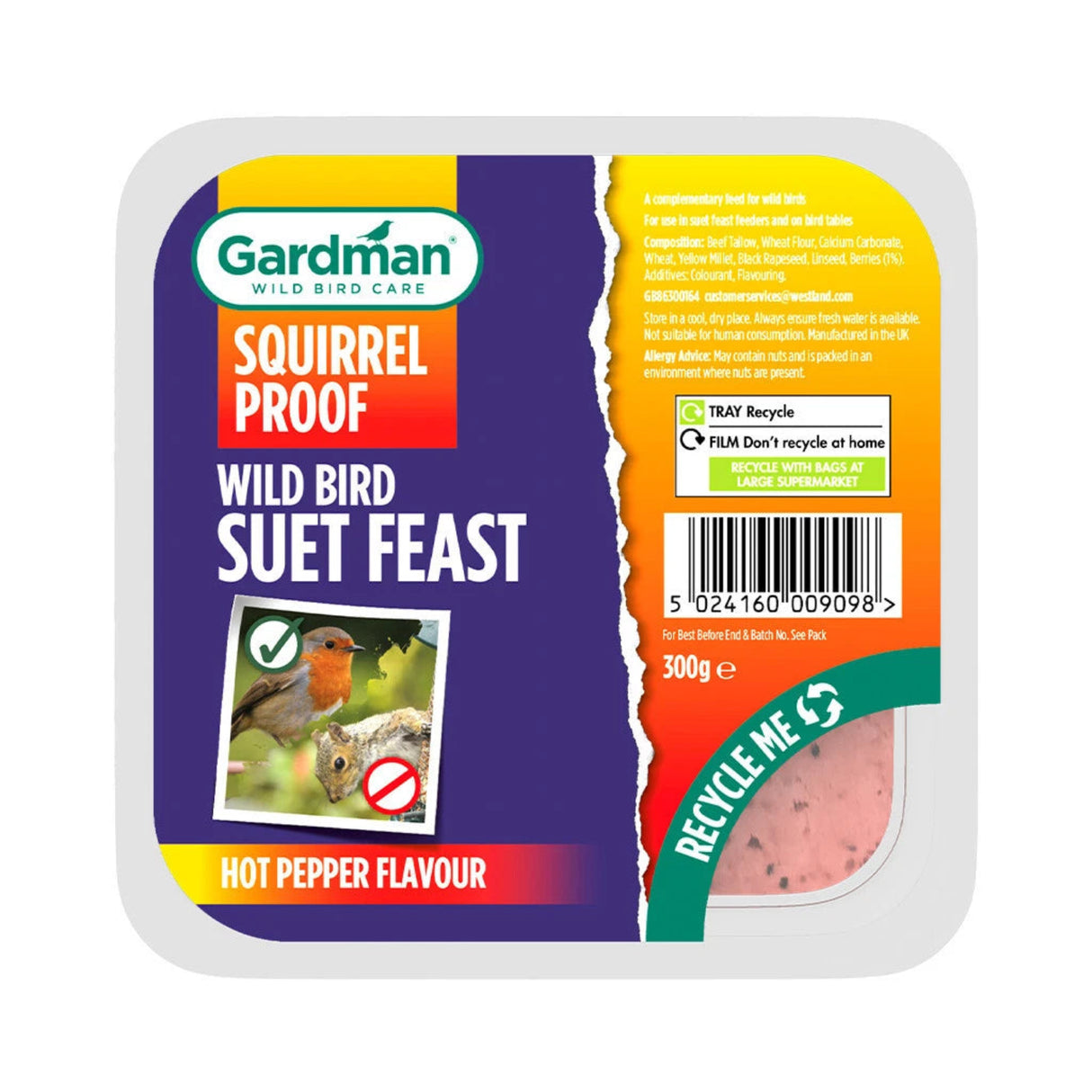 Gardman 300g Squirrel Proof Suet Cake Bird Food Hot Pepper Flavour