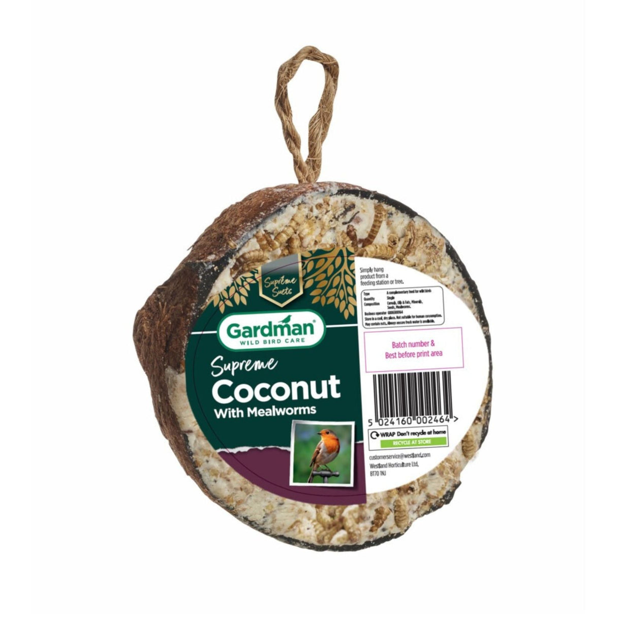 Gardman Supreme Coconut Feeder with Mealworms - Old Railway Line Garden Centre