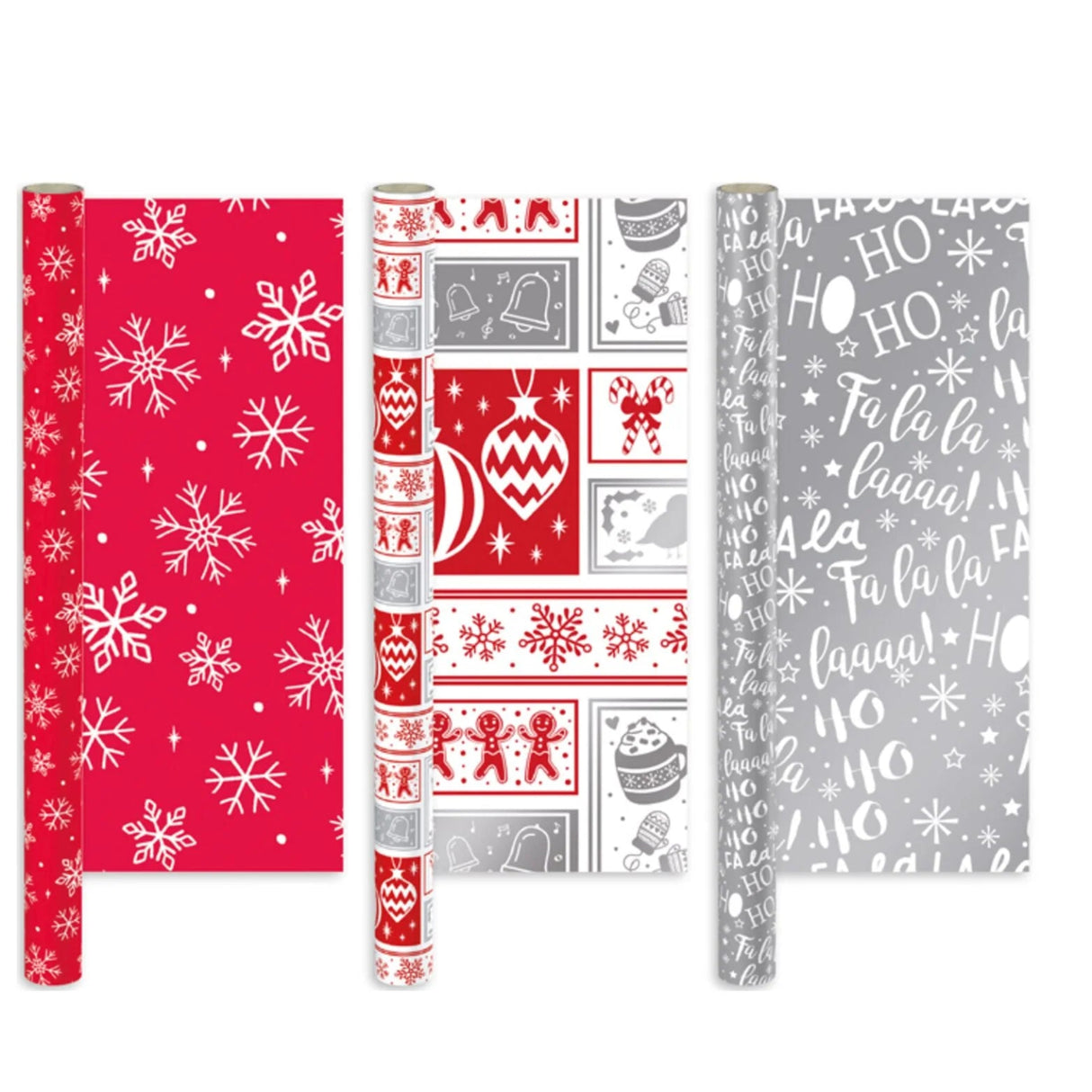 Collection of Christmas-themed wrapping paper with red and gray designs on a white background.