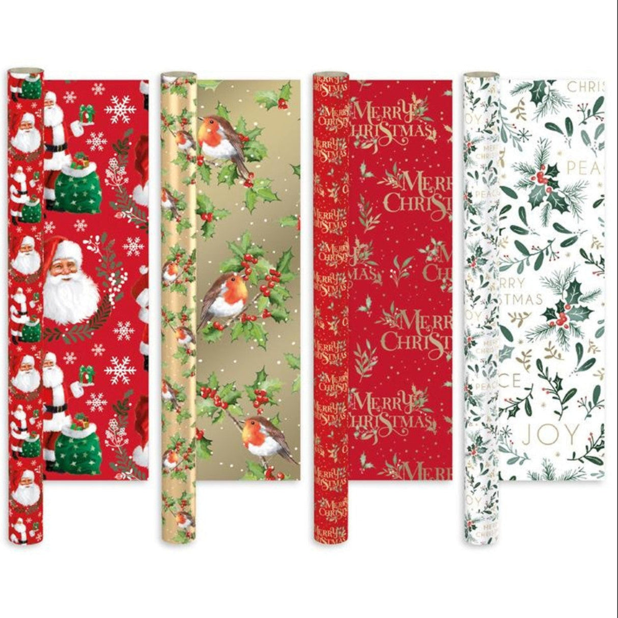 Collection of Christmas-themed gift wrap with Santa Claus, reindeer, and holly designs.