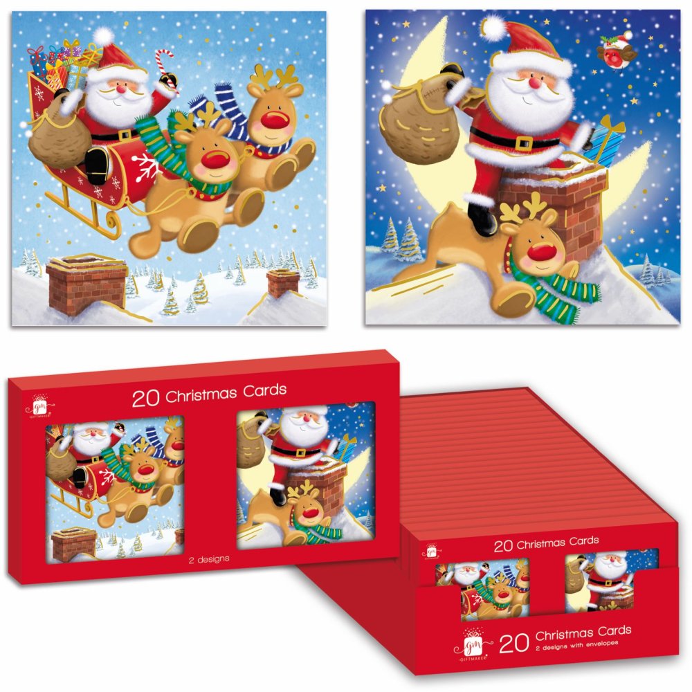 Giftmaker Santa & Reindeers Mini Christmas Cards - 2 Designs - Pack of 20