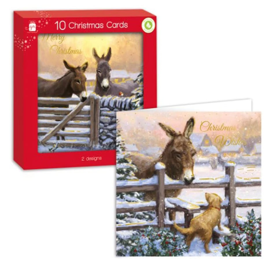 Giftmaker Square Donkey Christmas Cards - 2 Designs - Pack of 10