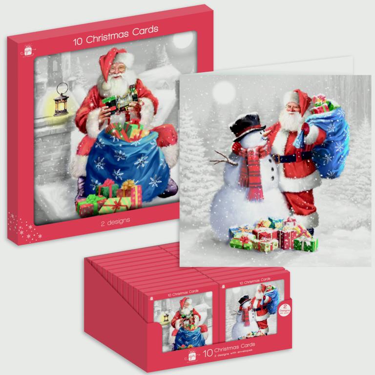 Giftmaker Traditional Santa/Snowman Christmas Cards - 2 Designs - Pack of 10