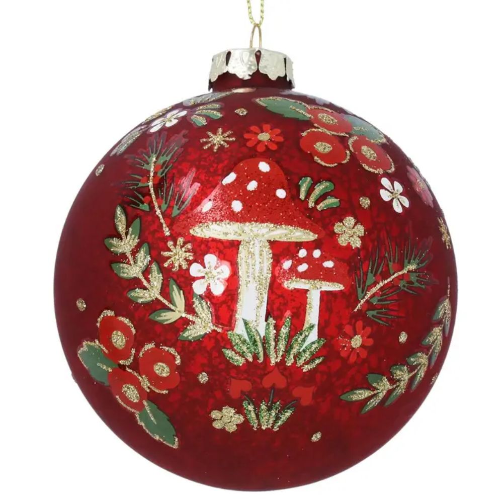 Gisela Graham 10cm Antique Red Glittered Mushrooms Bauble