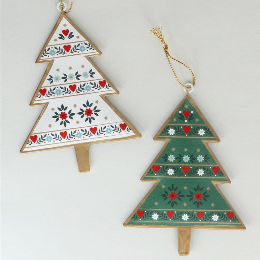 Gisela Graham 11cm Tin Alpine Xmas Tree Decoration - Green/White - (Choice of 2)