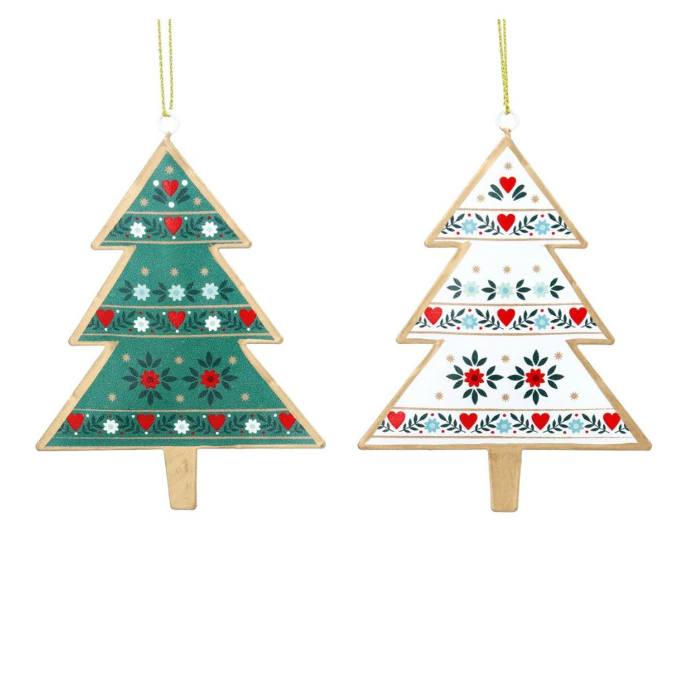 Gisela Graham 11cm Tin Alpine Xmas Tree Decoration - Green/White - (Choice of 2)