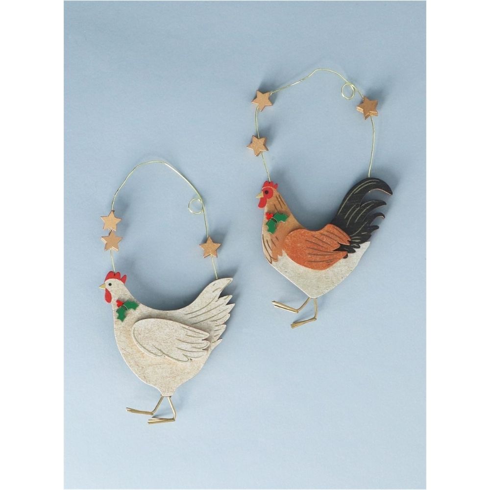 Gisela Graham 12cm Wooden Chicken Hanging Decorations - (Choice of 2)