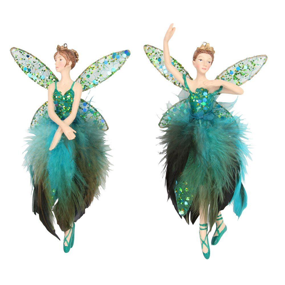 Gisela Graham 15cm Feather Fairy Decoration - Green - (Choice of 2)