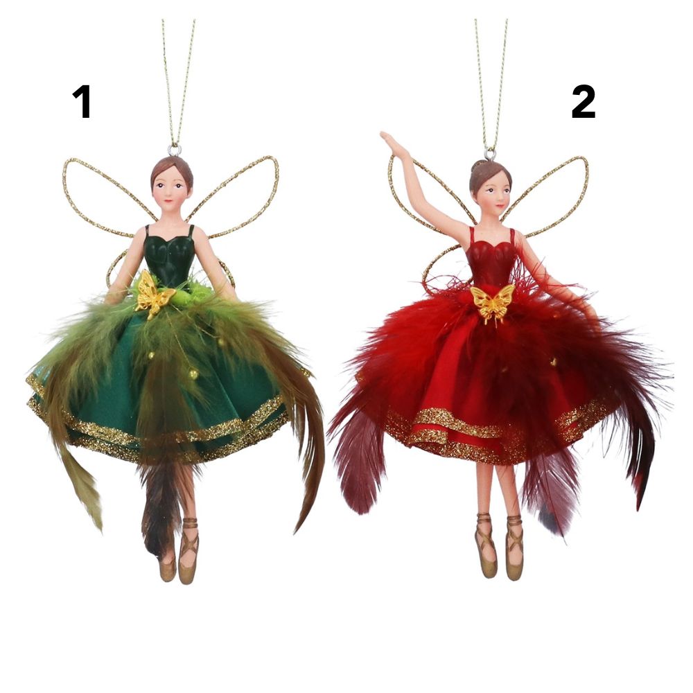 Gisela Graham 16cm Feather Fairies - Red/Green - (Choice of 2)