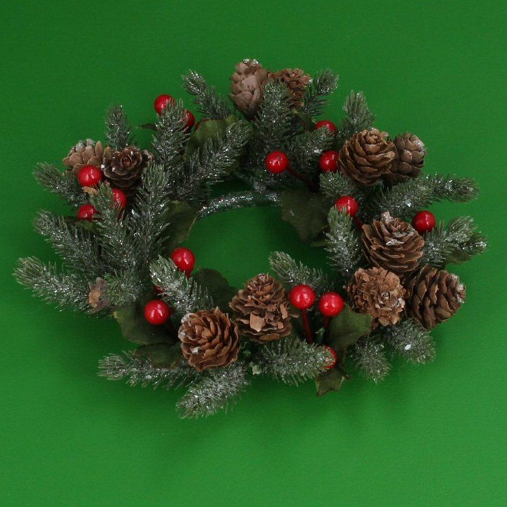 Gisela Graham 17cm Frosted Pinecone & Red Berry Candle Ring