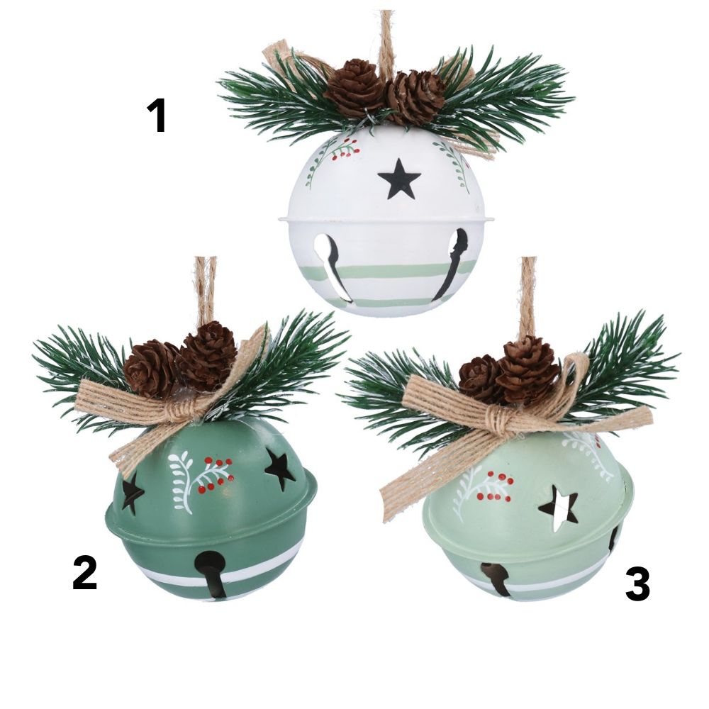 Gisela Graham 8cm Festive Bells with Fir Sprig - Green/White - (Choice of 3)