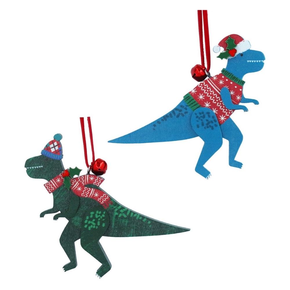 Gisela Graham 8cm Wooden Jolly T-Rex Hanging Decoration - (Choice of 2)