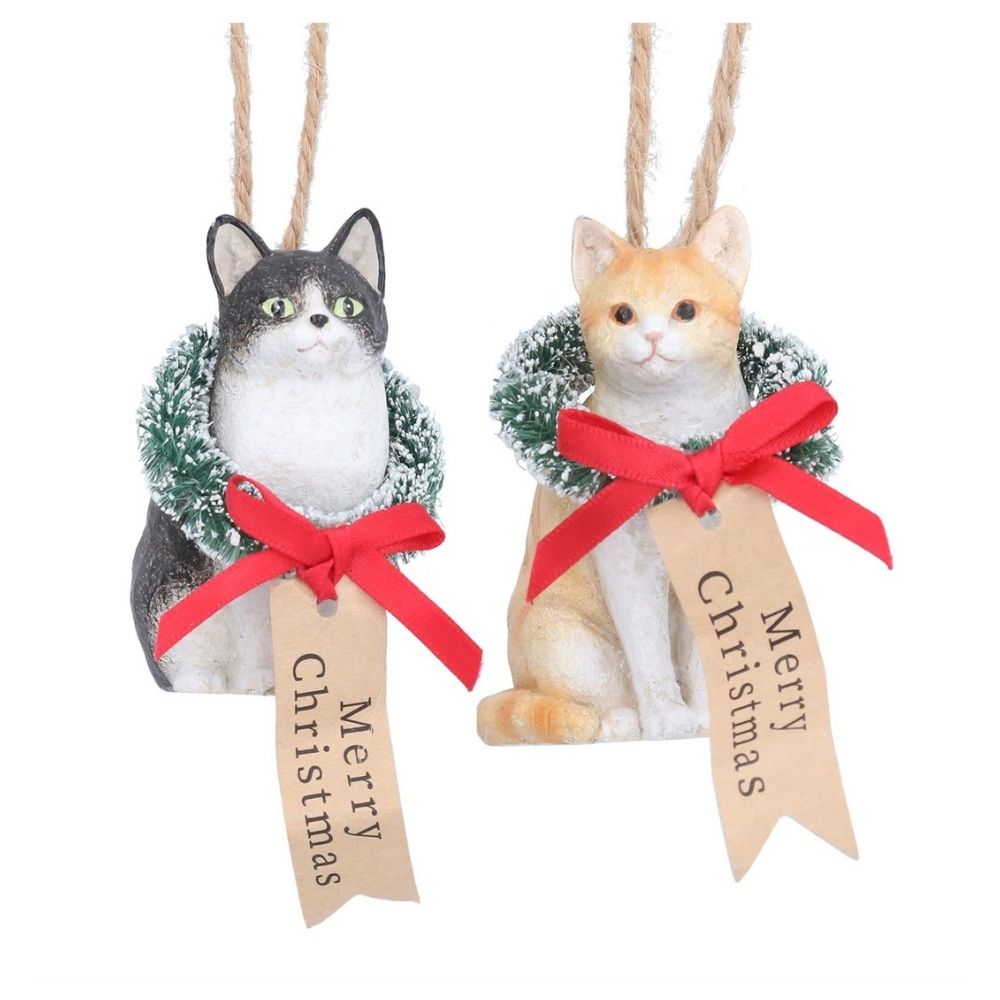 Gisela Graham 9cm Resin Cats with Wreaths Hanging Decoration - (Choice of 2)