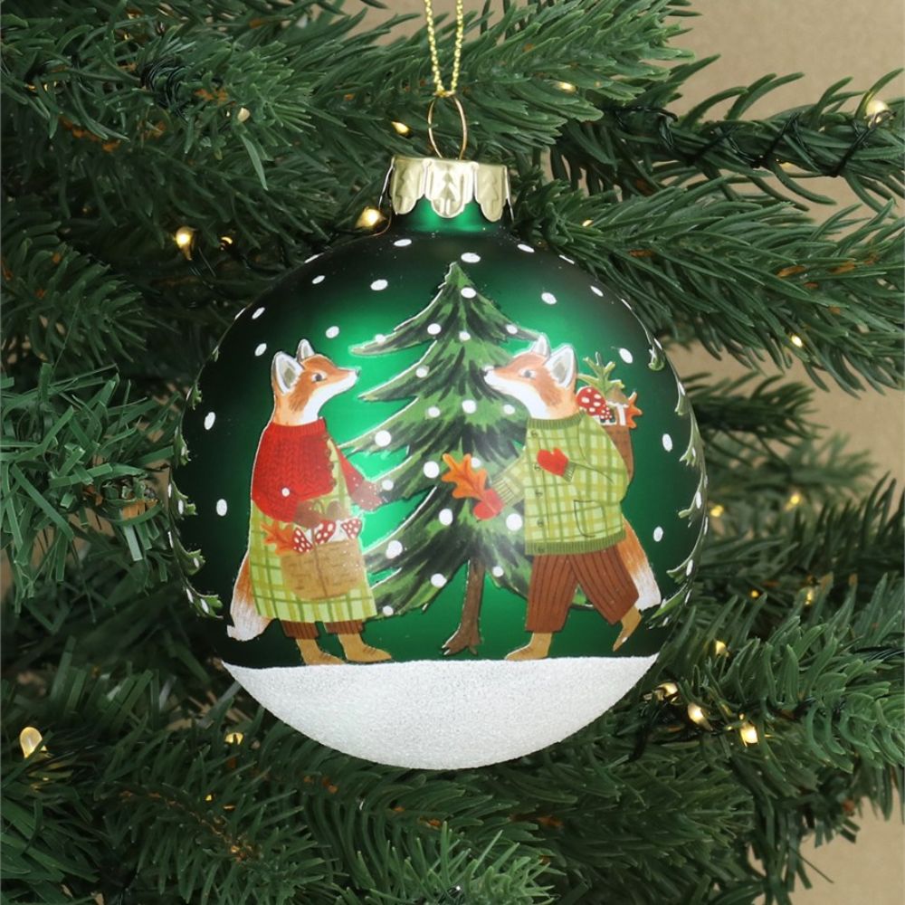 Gisela Graham Bauble - Green Plaid Foxes
