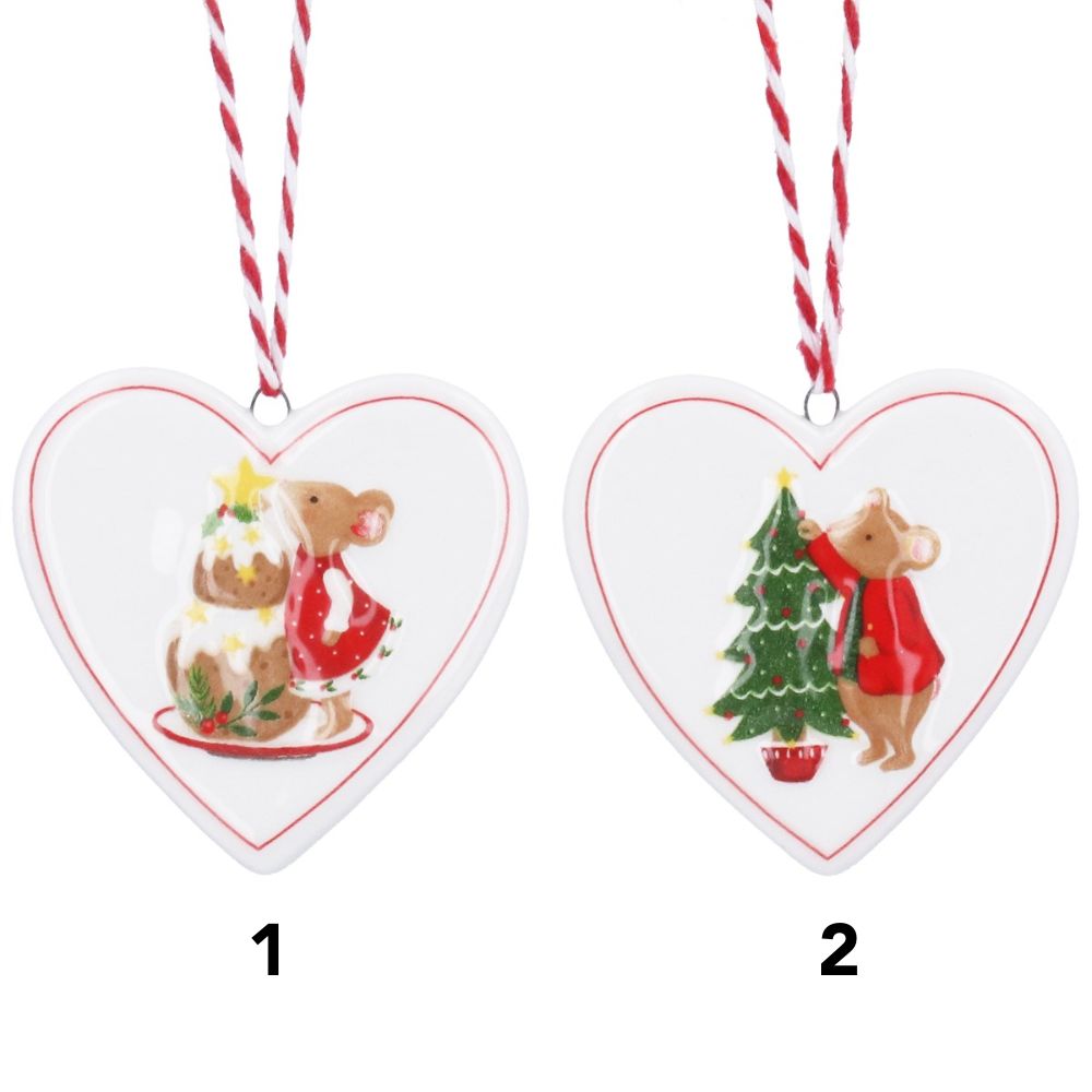 Gisela Graham 6cm Ceramic Heart with Mouse Design Hanging Decoration - (Choice of 2)