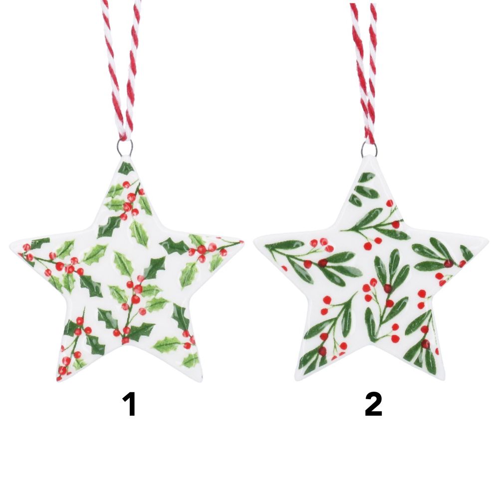 Gisela Graham 6cm Ceramic Stars with Holly Design Hanging Decoration - (Choice of 2)