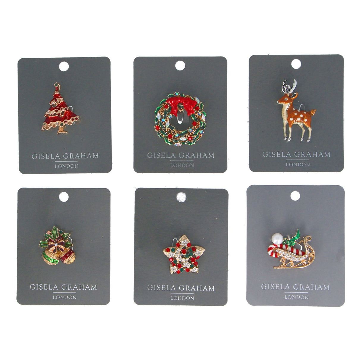 A collection of six Gisela Graham Diamante Metal Festive Brooches, each with a different festive design, displayed on grey cards.