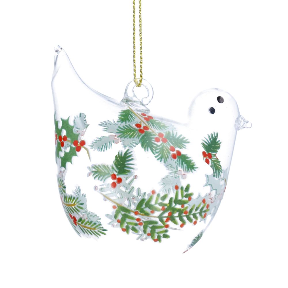 Gisela Graham Glass Bird with Fir & Red Berries, Clear
