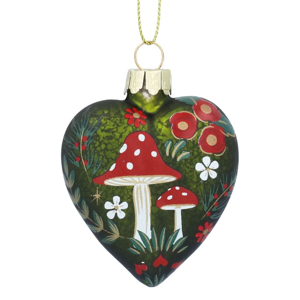 Gisela Graham 8cm Glass Toadstool Heart Bauble - Antique Green - 00628