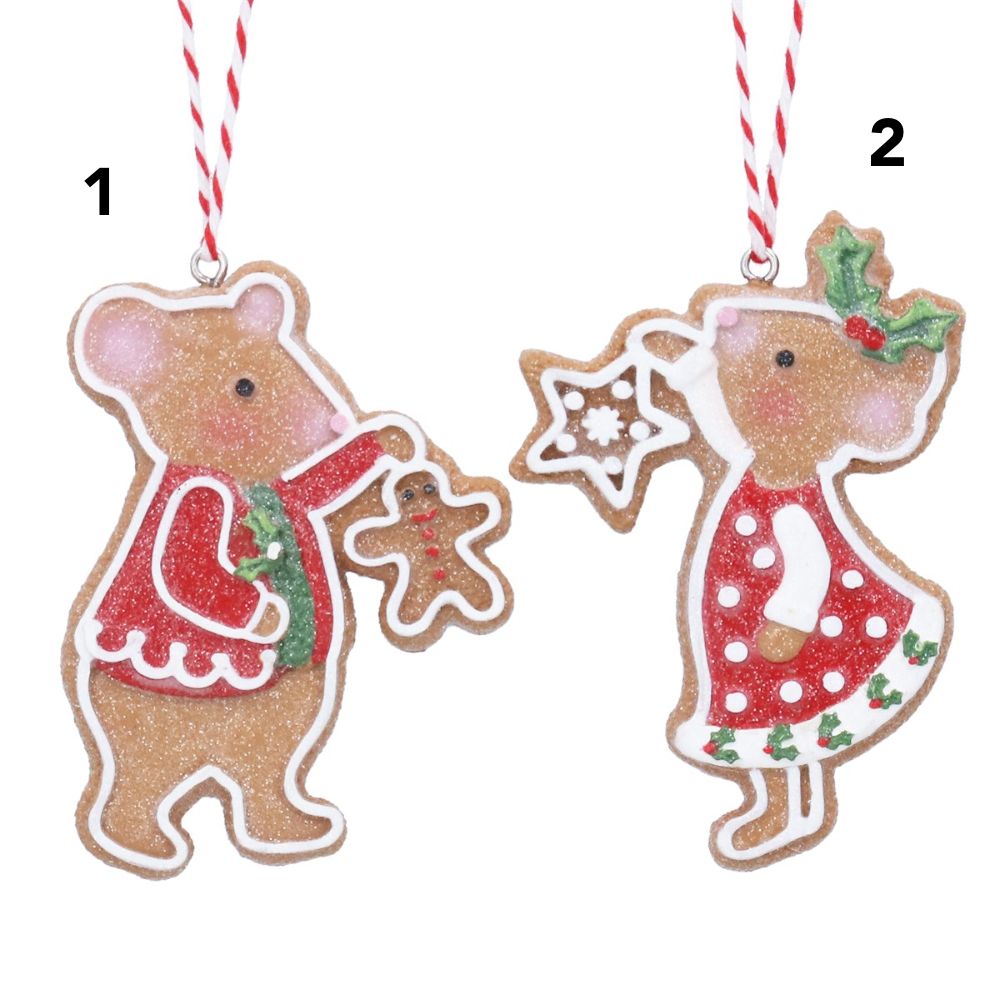 Gisela Graham 8cm Resin Ginger Bread Mice Hanging Decoration - (Choice of 2)