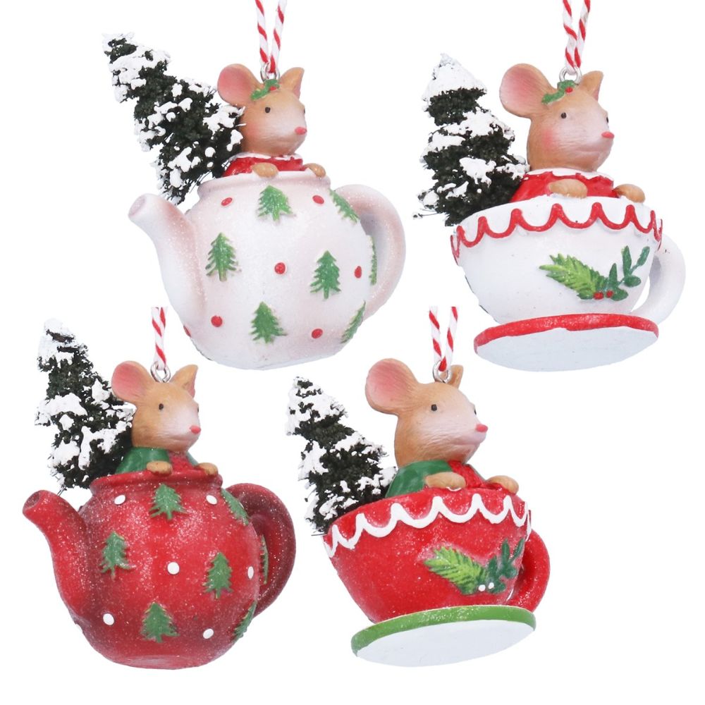 Gisela Graham Resin Mouse in a Teapot Hanging Decoration (Choice of 4)