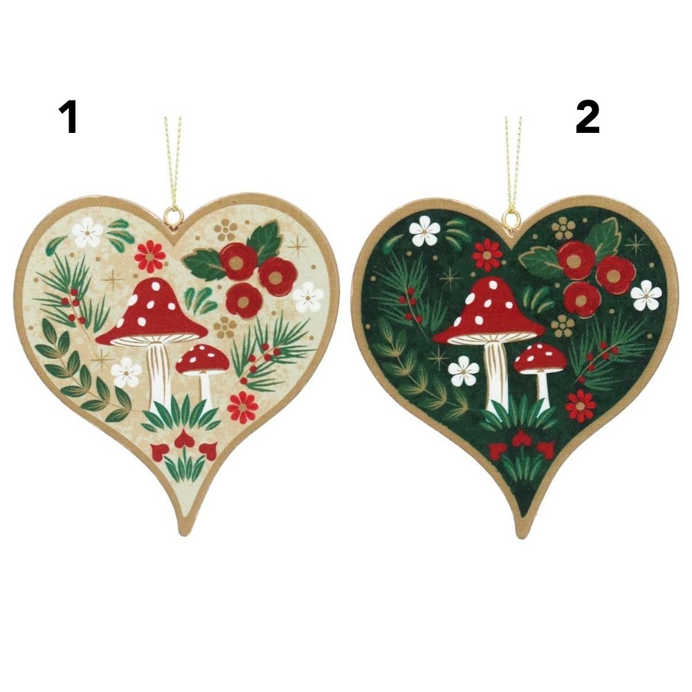 Gisela Graham Wooden Hearts with Mushrooms Hanging Decoration - (Choice of 2)