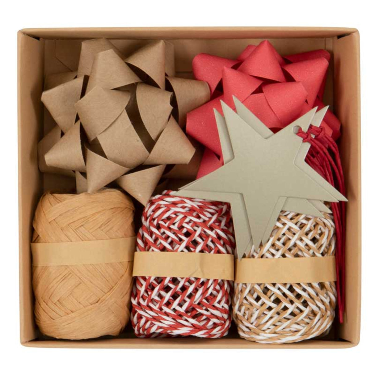 Box of decorative items including star-shaped objects and yarn balls in various colors.