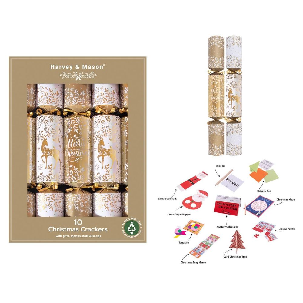 Harvey & Mason 10 Gold Reindeer 14" Christmas Crackers