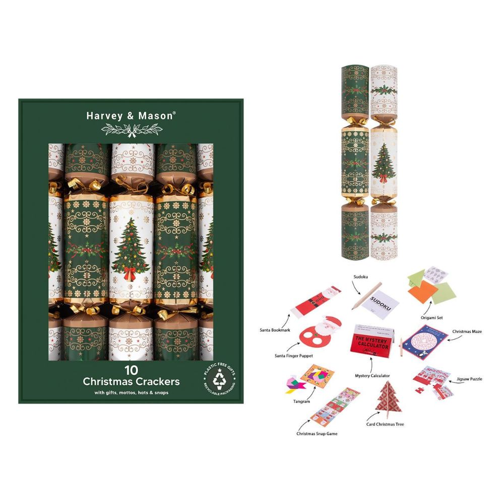 Harvey & Mason 10 Luxury Green/White Christmas Crackers