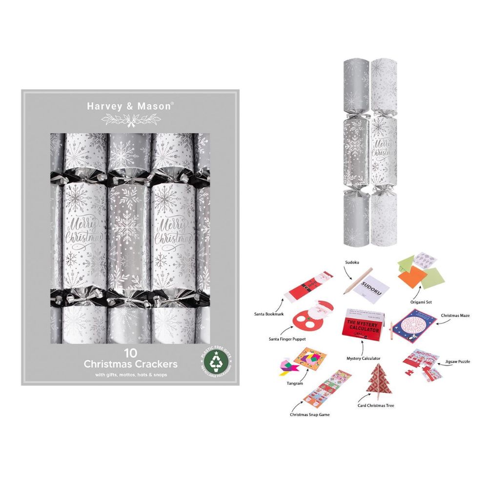 Harvey & Mason 10 Silver Snowflake 14" Christmas Crackers