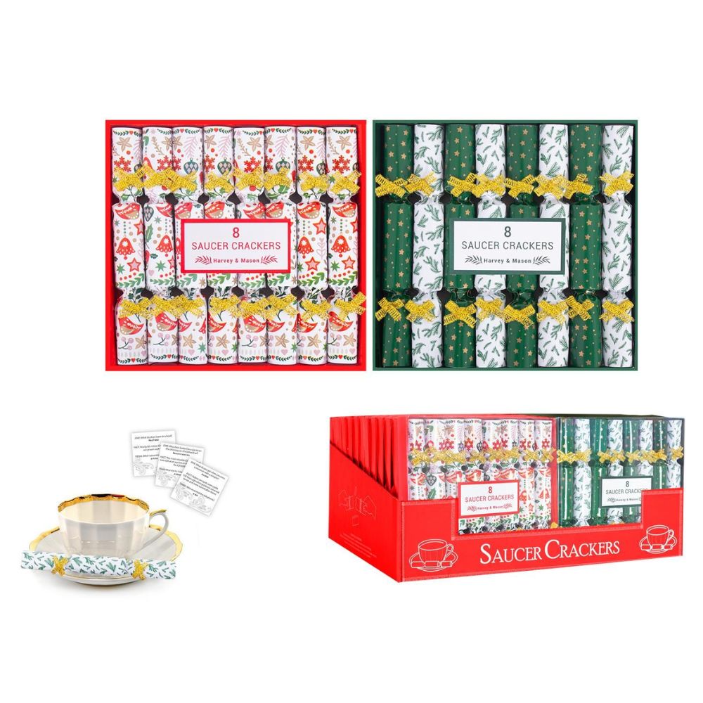 Harvey & Mason 8 Scandi & Green Mini Saucer Christmas Crackers