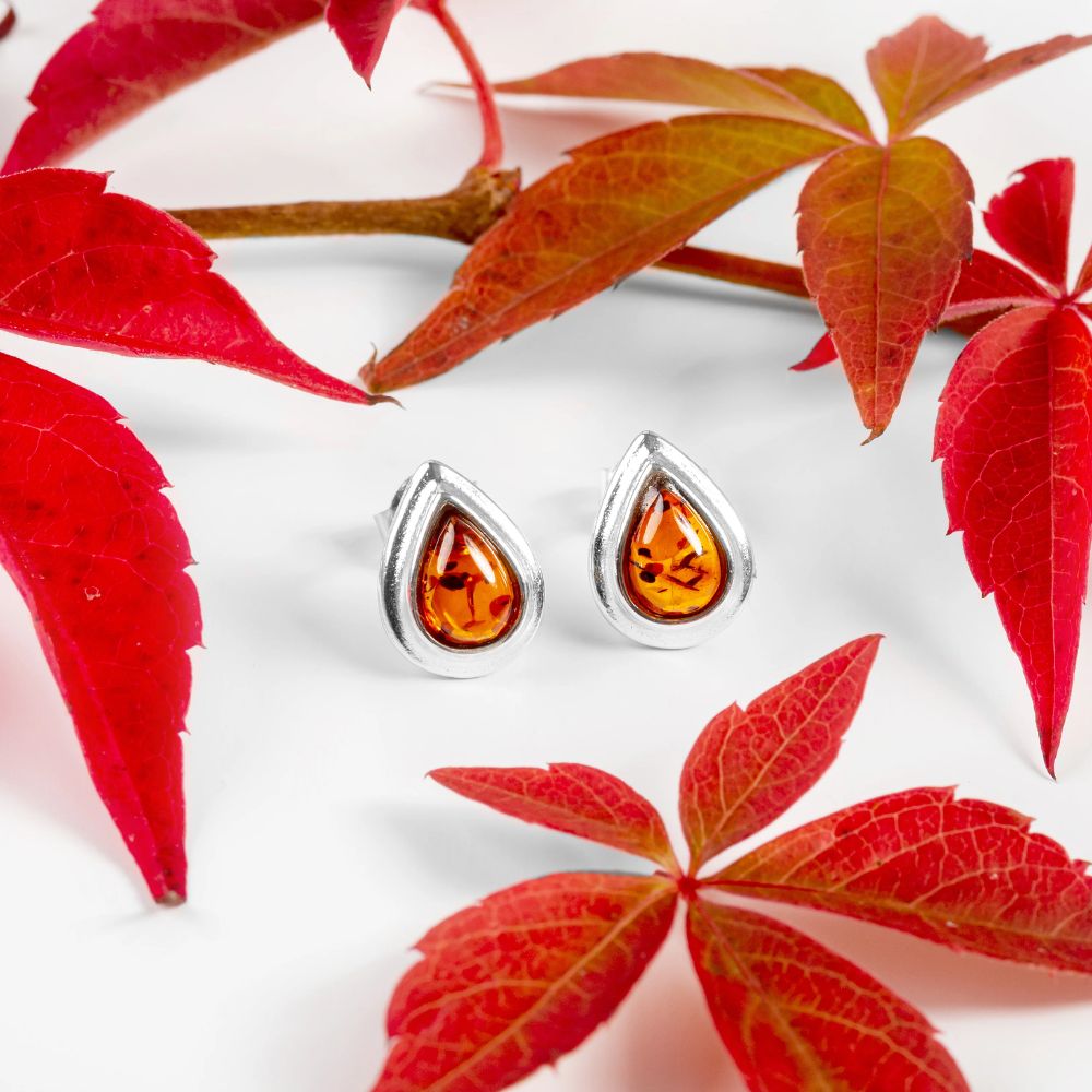 Henryka Silver & Cognac Amber Classic Teardrop Stud Earrings