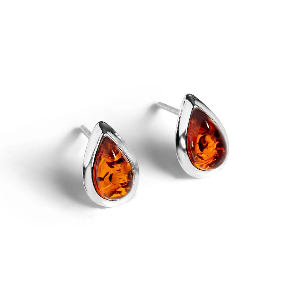Henryka Silver & Cognac Amber Classic Teardrop Stud Earrings