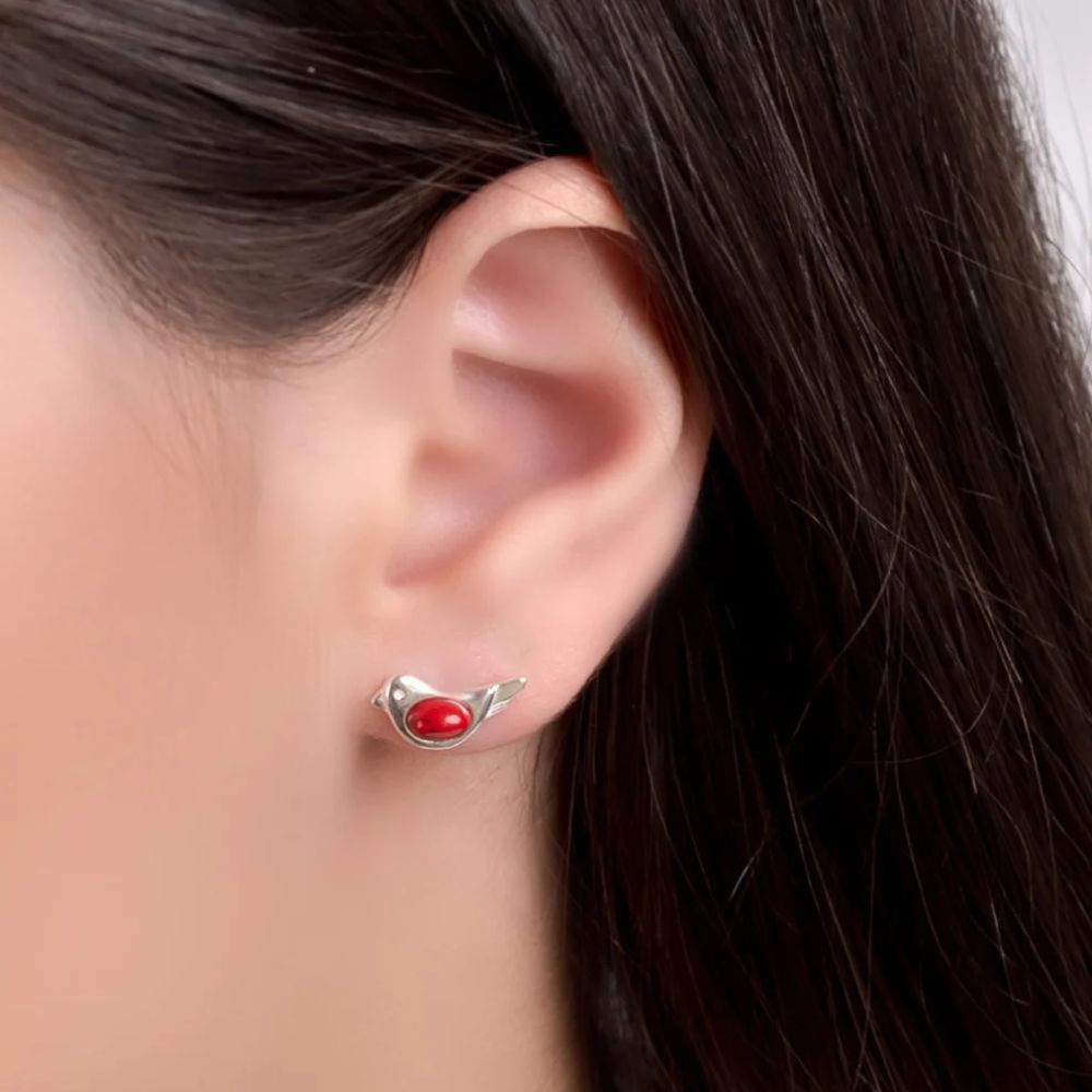 Henryka Silver & Coral Tiny Bird Stud Earrings