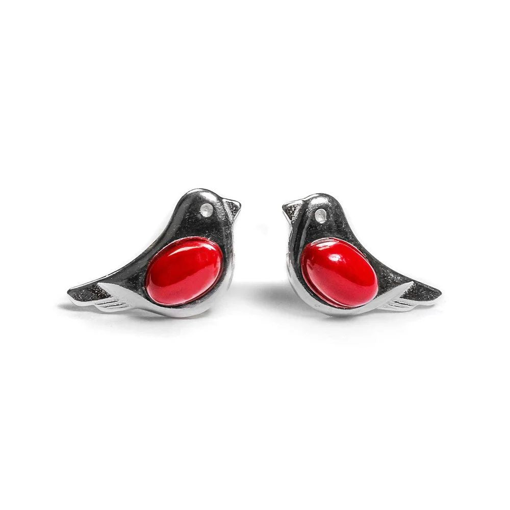 Henryka Silver & Coral Tiny Bird Stud Earrings
