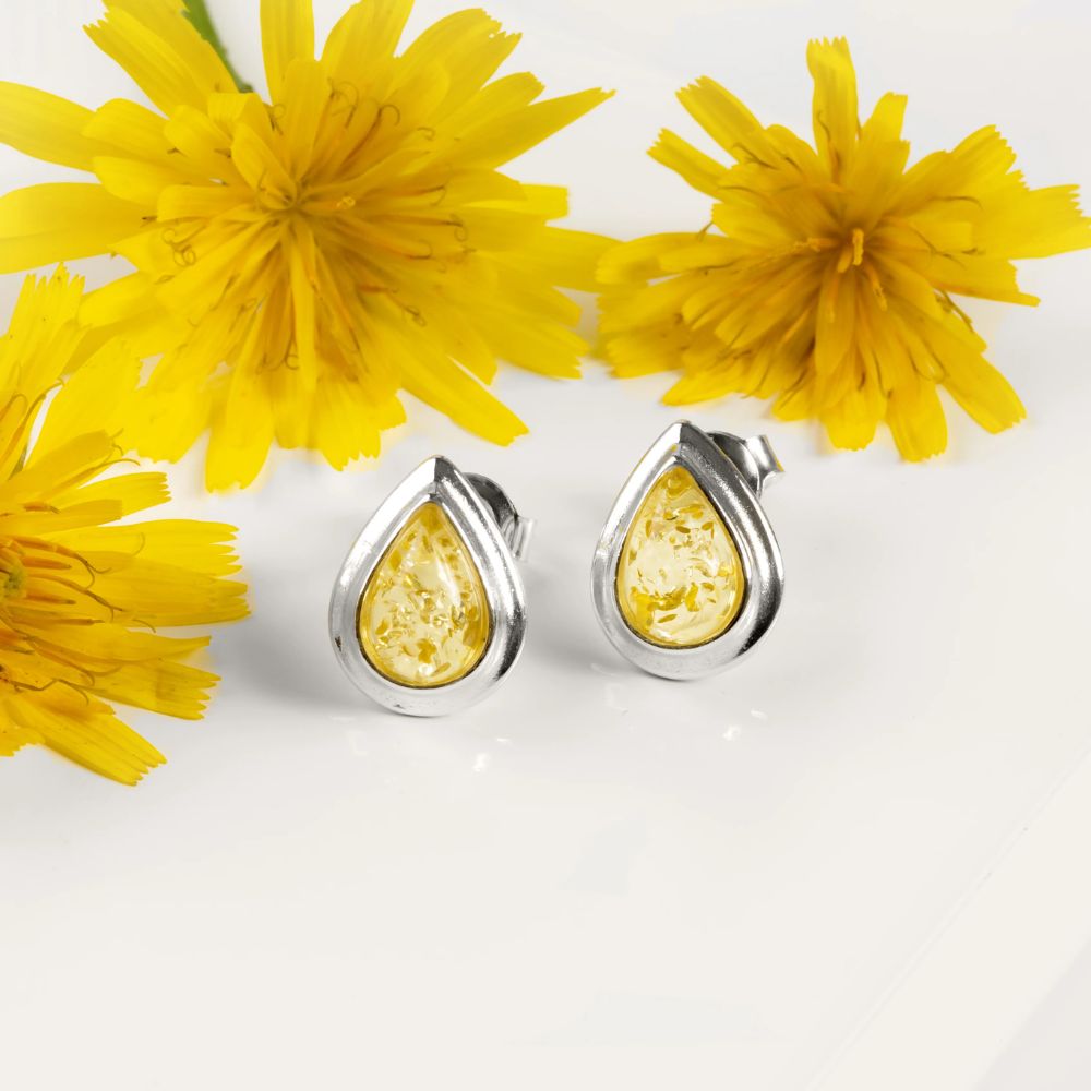 Henryka Silver & Yellow Amber Classic Teardrop Stud Earrings