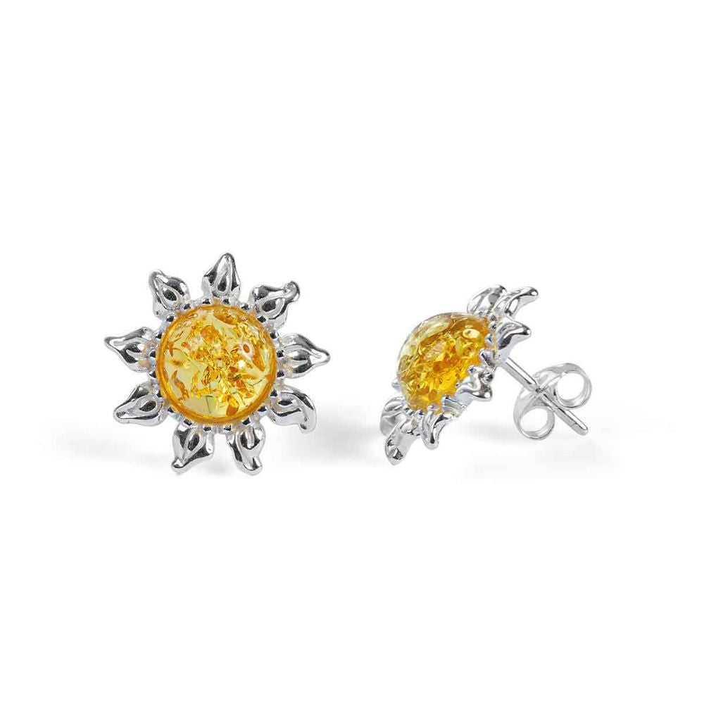 Henryka Sunflower Stud Earrings in Silver and Yellow Amber