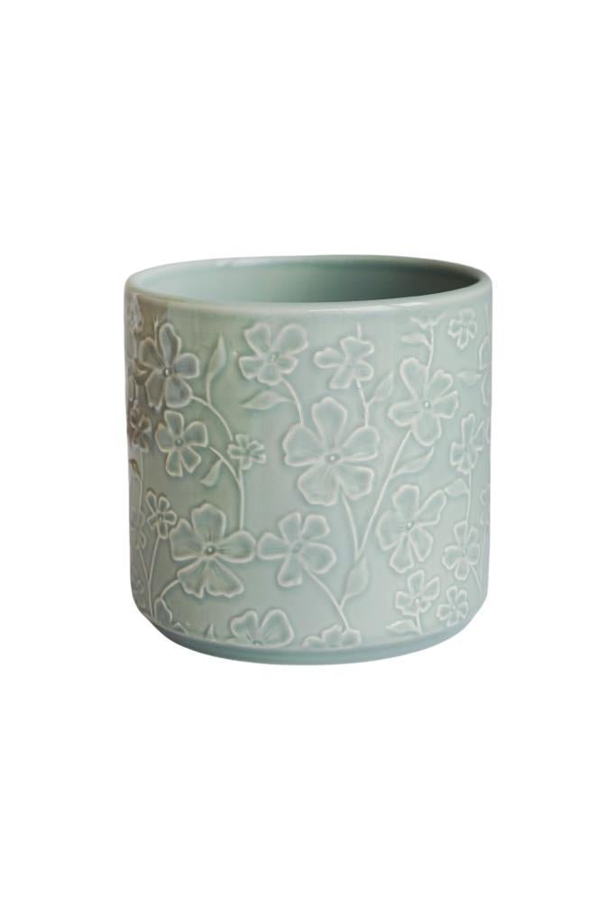 Ivyline 14cm Mint Green Betsy Embossed Floral Indoor Pot - BEFPM15 - Old Railway Line Garden Centre
