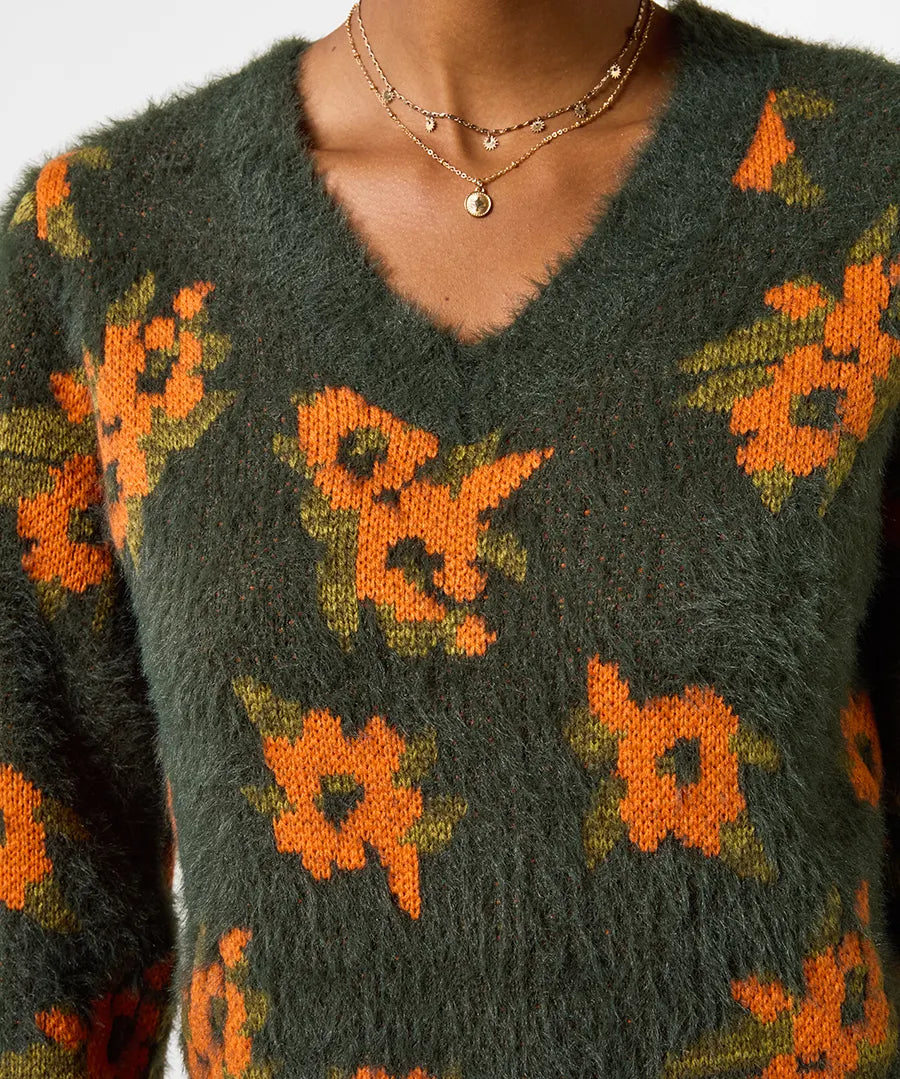 Joe Browns Autumn Florals Fluffy V-Neck Jumper - Green