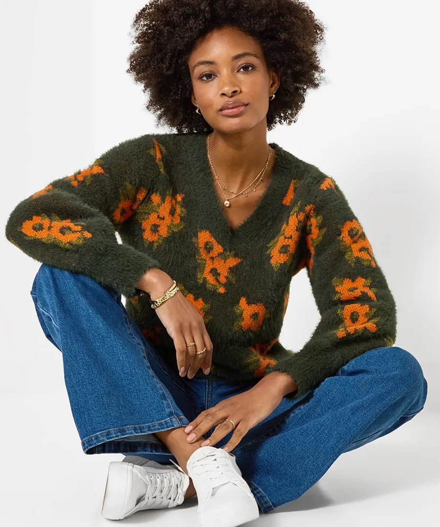 Joe Browns Autumn Florals Fluffy V-Neck Jumper - Green