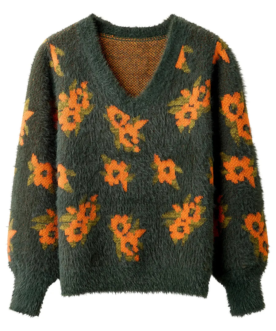 Joe Browns Autumn Florals Fluffy V-Neck Jumper - Green
