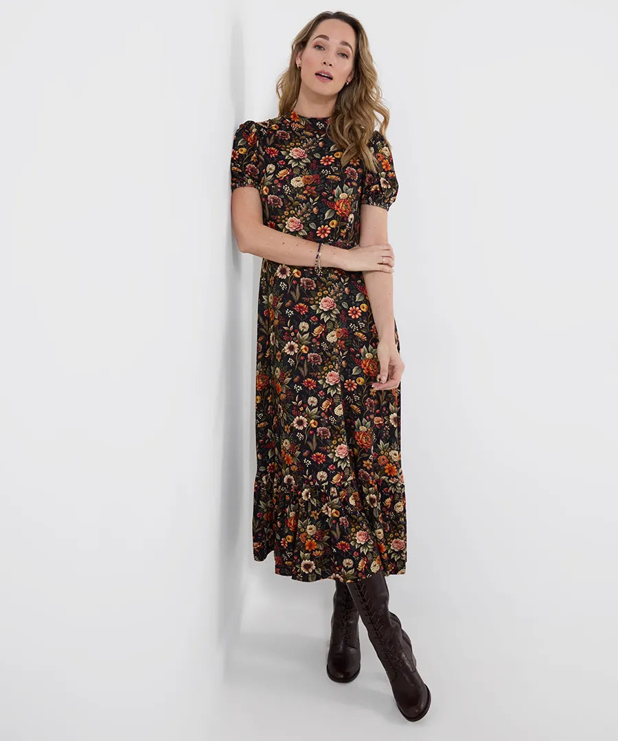 Joe Browns Autumn Florals High Neck Jersey Midi Dress - Black