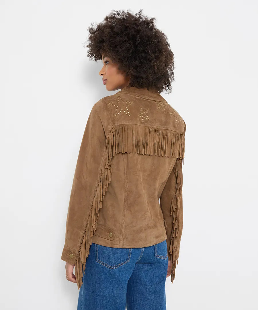 Joe Browns Celeste Star Studded Fringed Suede Jacket - Tan