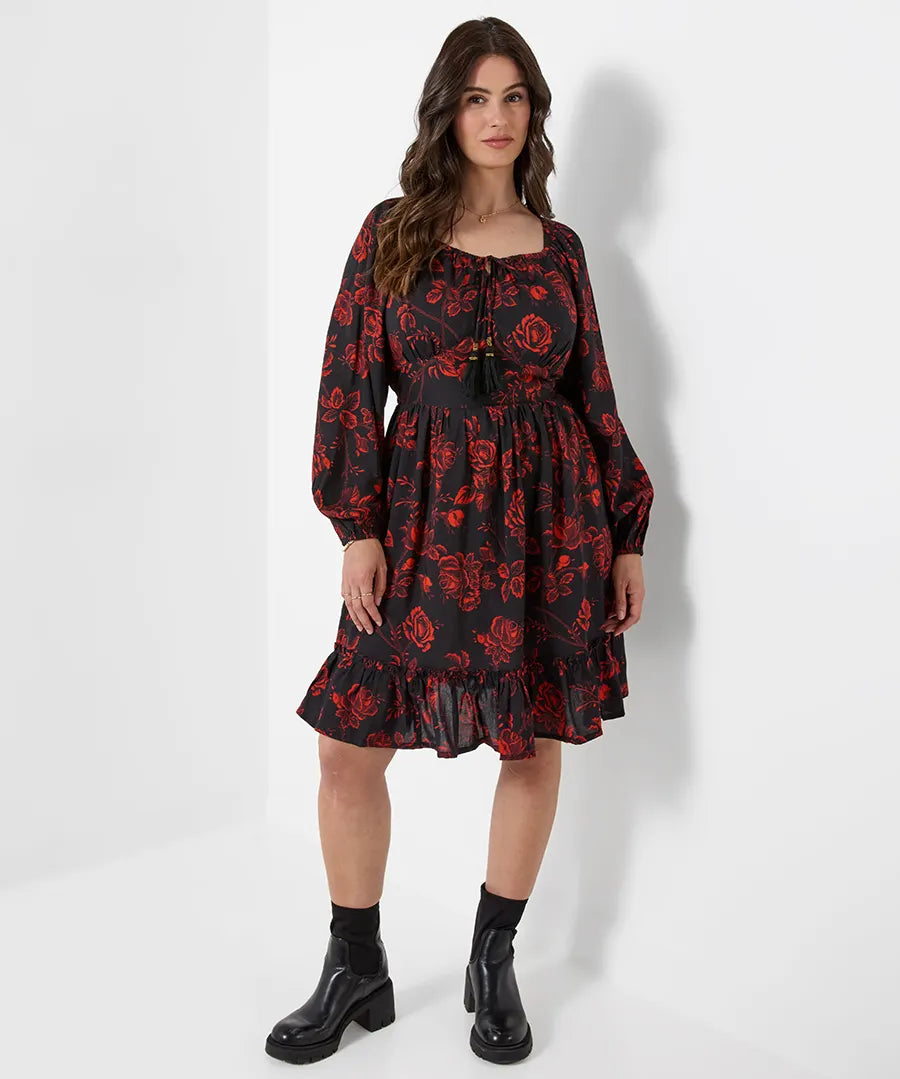 Joe Browns Dramatic Floral Frill Hem Mini Dress - Black
