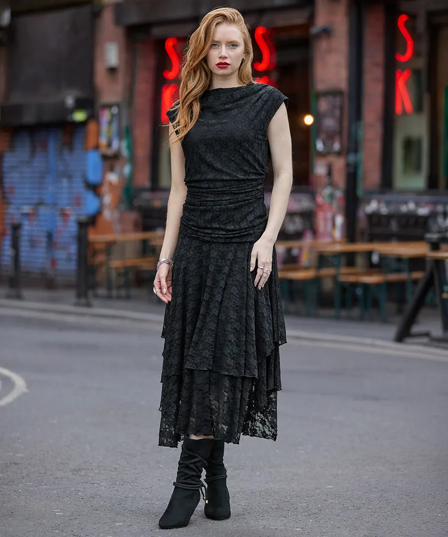 Joe Browns Elegant Lace Cowl Neck Dippy Hem Dress - Black