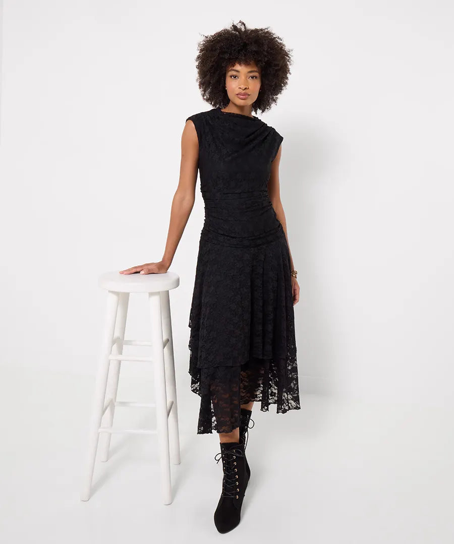 Joe Browns Elegant Lace Cowl Neck Dippy Hem Dress - Black