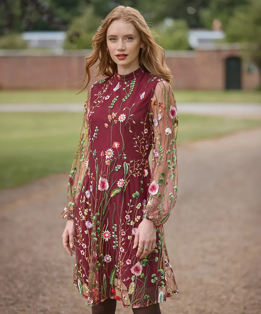 Joe Browns Ellie Floral Embroidered Long Sleeve Dress - Berry