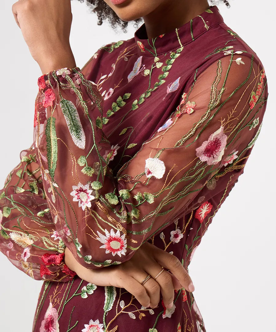 Joe Browns Ellie Floral Embroidered Long Sleeve Dress - Berry