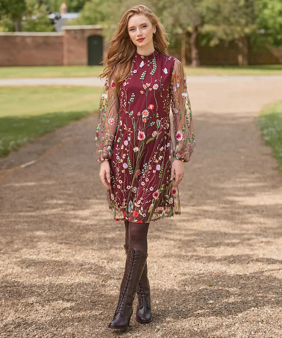 Joe Browns Ellie Floral Embroidered Long Sleeve Dress - Berry