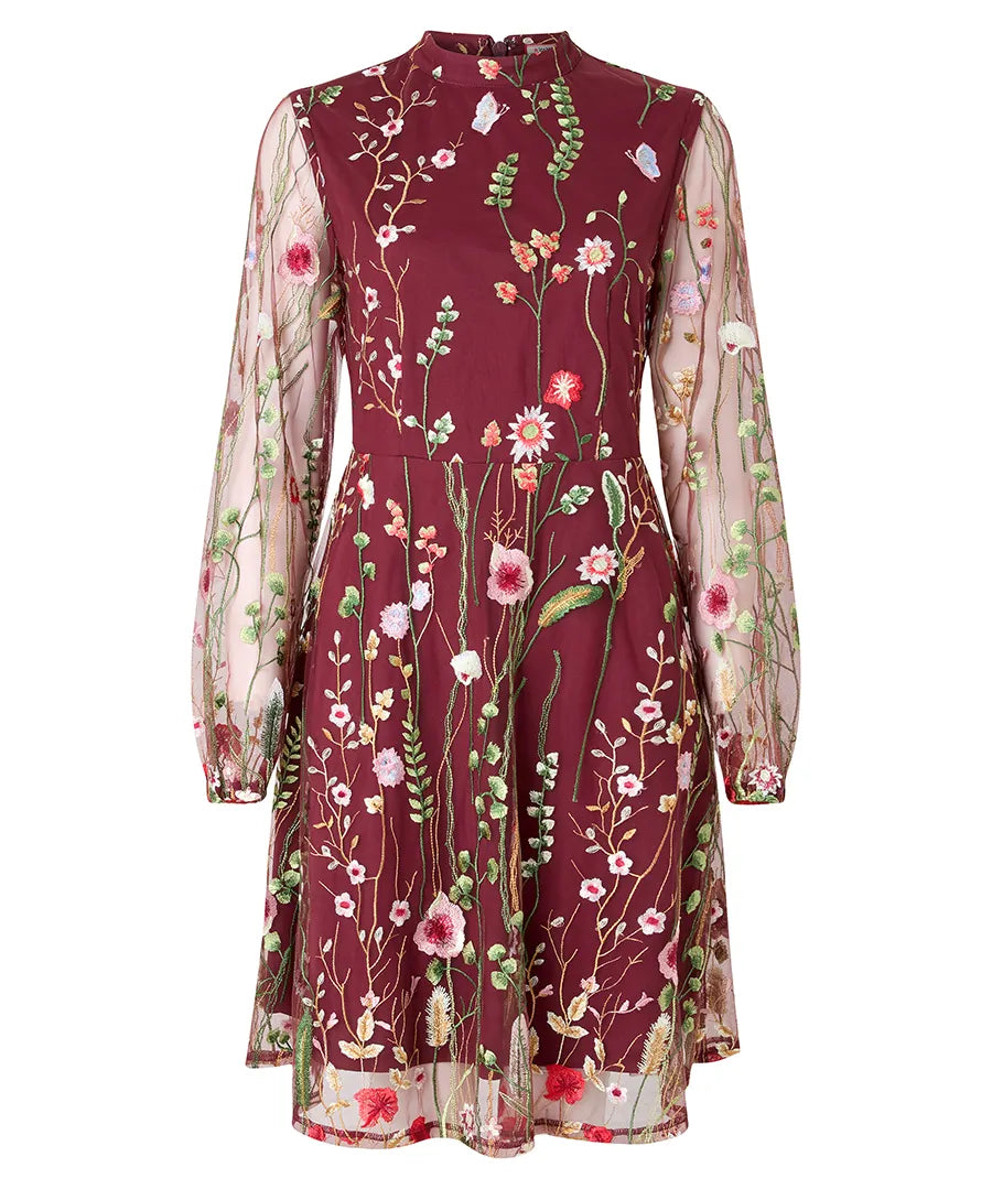 Joe Browns Ellie Floral Embroidered Long Sleeve Dress - Berry